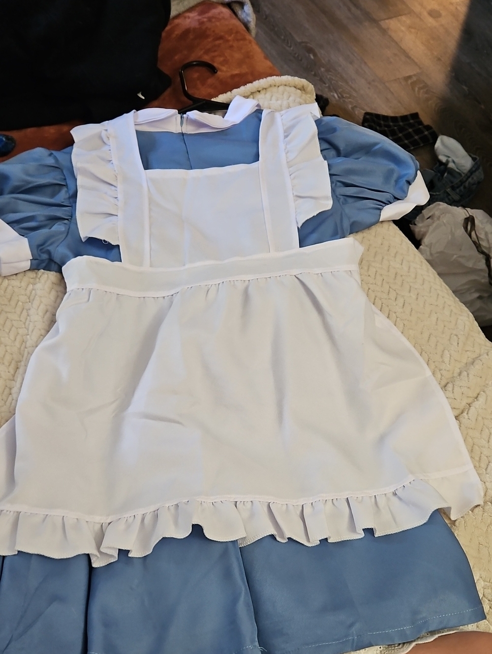 Blue Dress with White Ruffled Apron